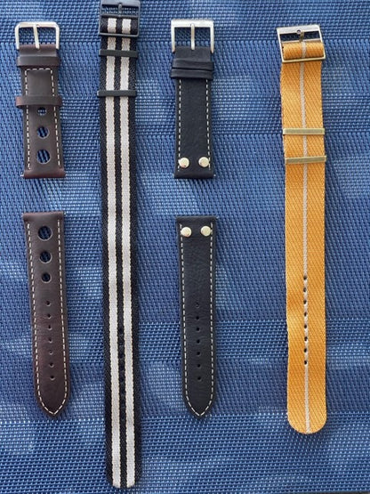 Watch Strap Leather Black White stitching 22mm