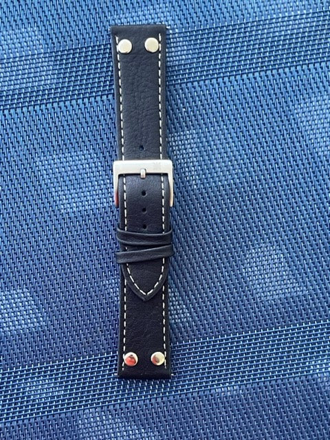 Watch Strap Leather Black White stitching 22mm