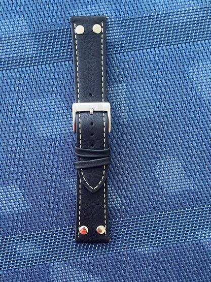 Watch Strap Leather Black White stitching 22mm