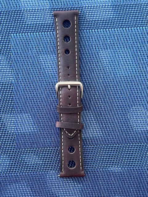 Watch Strap Leather Brown White stitching Racing style holes 22mm