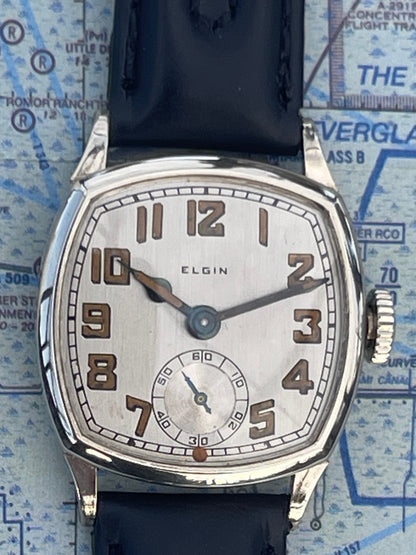 1926 Elgin Cushion case White Gold Filled Mechanical watch