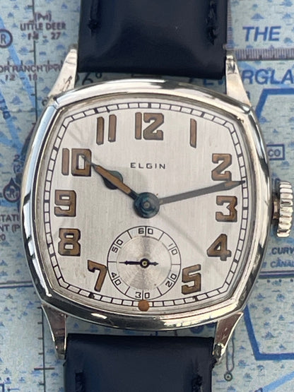 1926 Elgin Cushion case White Gold Filled Mechanical watch